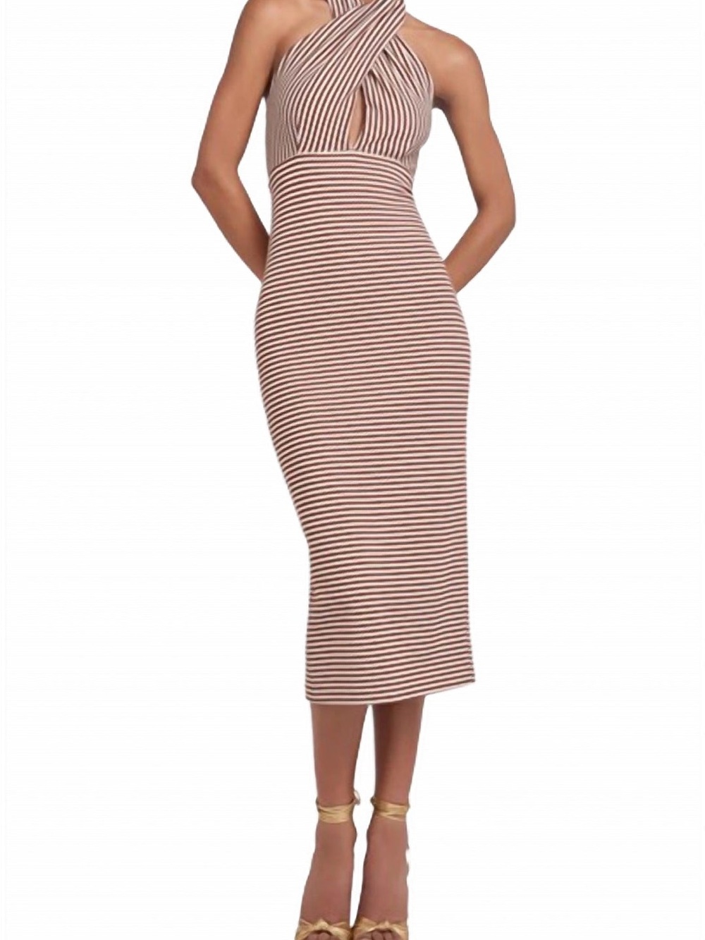 Amanda Uprichard Conchita Striped Halter Midi Dress in Brown and White NWT Med